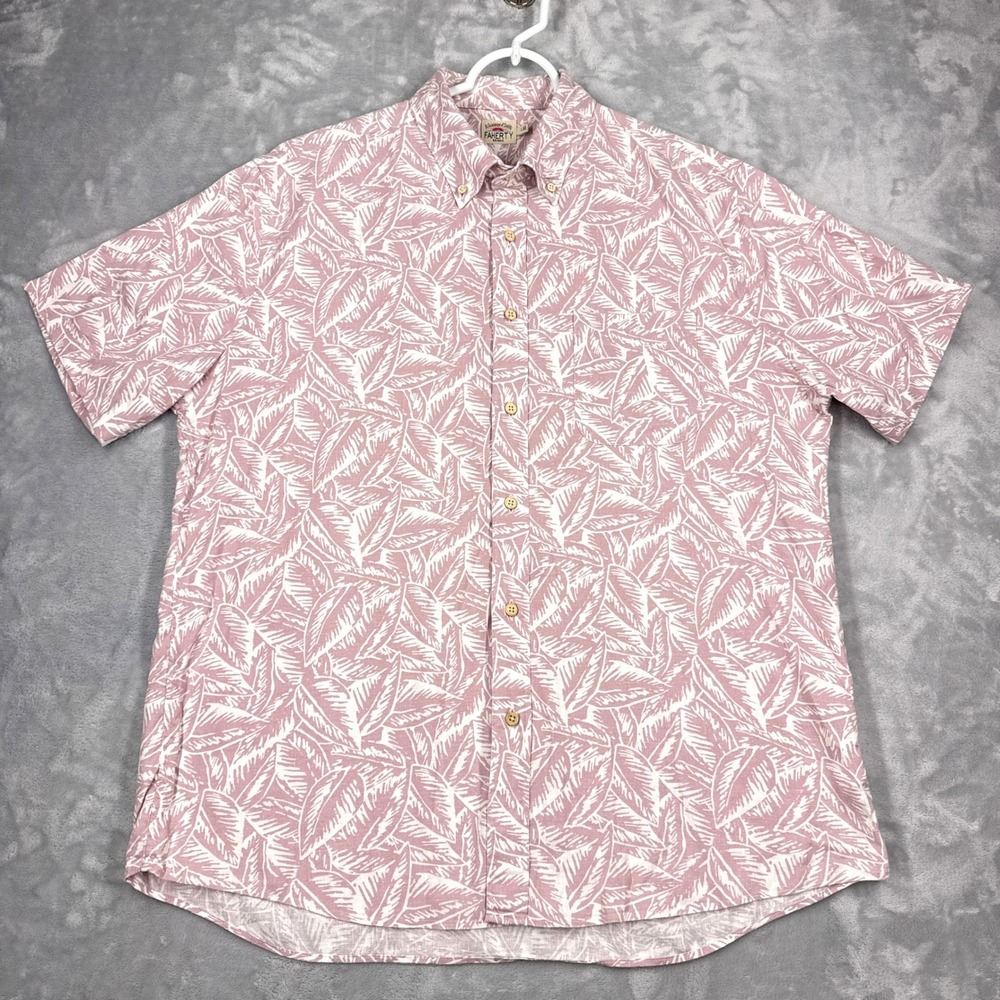 FAHERTY Breeze Button Down Shirt Mens L Pink Leaf Print Hemp Blend Short Sleeve
